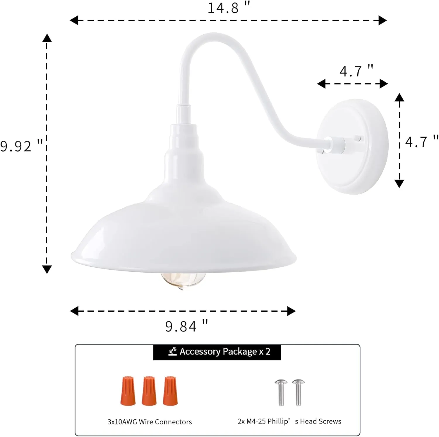 10'' Diameter Outdoor Gooseneck Barn Light Fixture with Wall Mount, White Exterior Waterproof Porch Barn Door Wall Lantern, Farmhouse Outdoor Wall Sconce, 1 Pack, LM2201-WH
