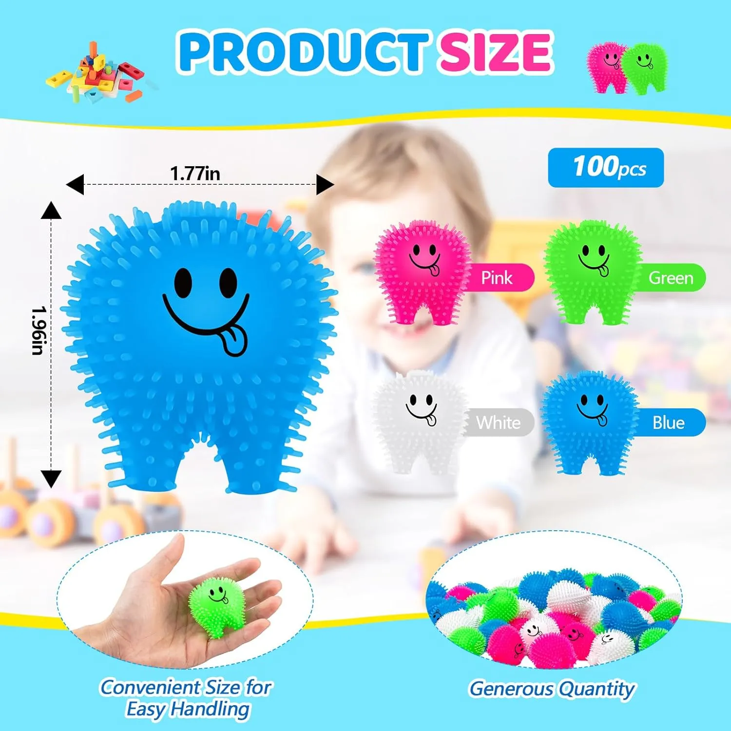 100 Pcs Mini Tooth Toy Fidget Stress Relief Puffer Squeezy Toys Birthday Party School, 2 Inch