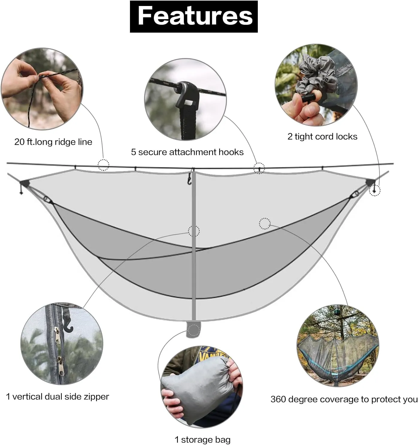 11ft X 4.5ft Hammock Bug Net, Mosquito Net for Hammocks, Mesh Hammock Netting Fits All Camping Hammocks (Gray)