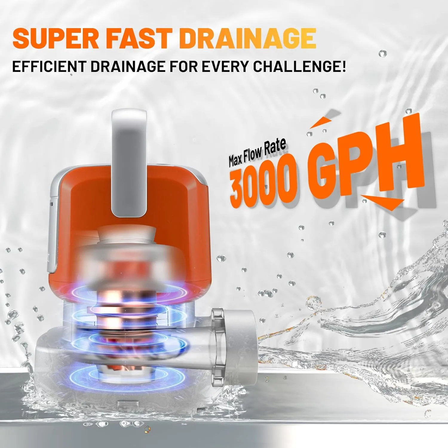 1/2 HP 3000 GPH Submersible Water Pump Small Portable Electric Utility Pump,Transfer Water Pump for Pool Tub Garden Pond Draining, Orange