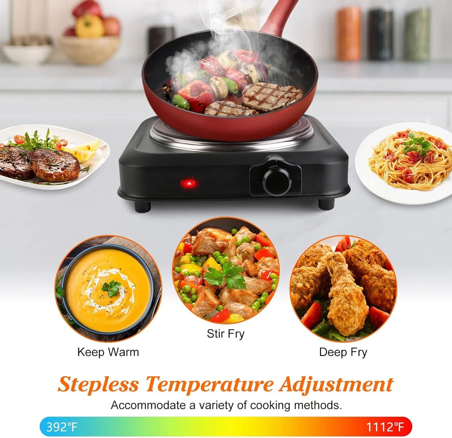 1200W Electric Infrared Single Burner, Single Hot Plate with Stepless Temperature Adjustments, Portable Counter Single Stove with 7.5” Glass Cooktop for Home RV Camp Cooking