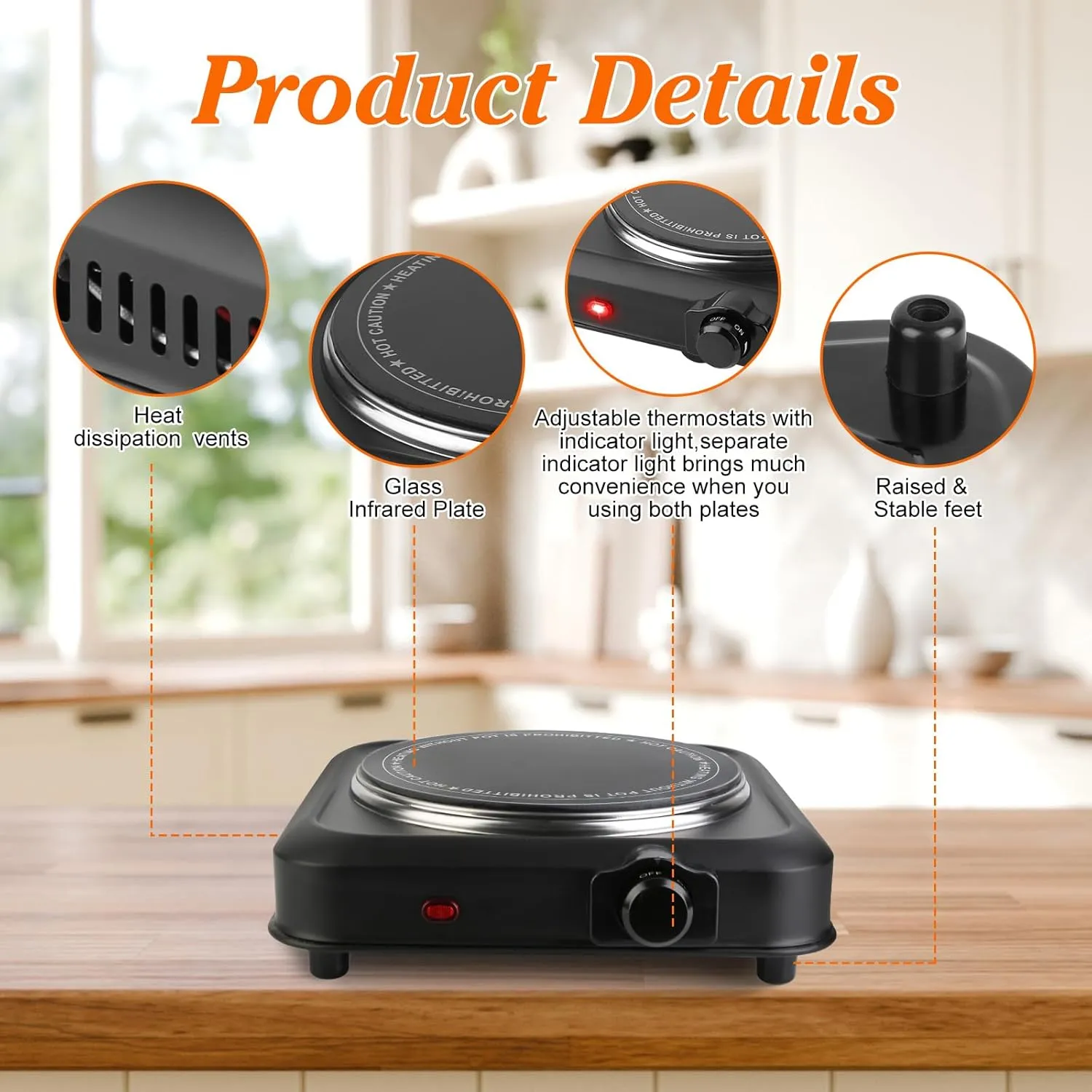 1200W Electric Infrared Single Burner, Single Hot Plate with Stepless Temperature Adjustments, Portable Counter Single Stove with 7.5” Glass Cooktop for Home RV Camp Cooking