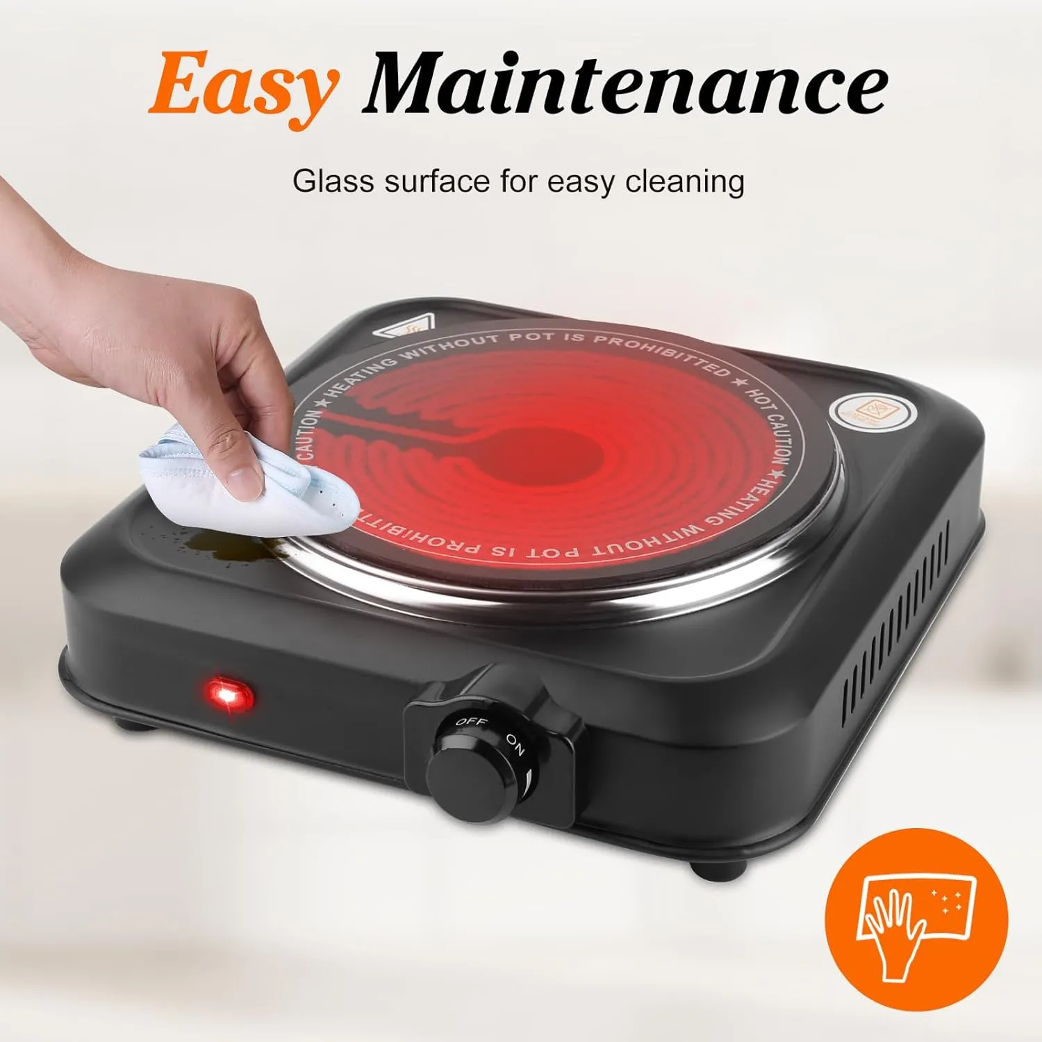 1200W Electric Infrared Single Burner, Single Hot Plate with Stepless Temperature Adjustments, Portable Counter Single Stove with 7.5” Glass Cooktop for Home RV Camp Cooking