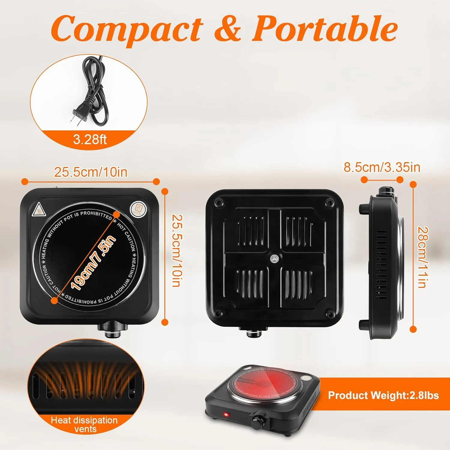 1200W Electric Infrared Single Burner, Single Hot Plate with Stepless Temperature Adjustments, Portable Counter Single Stove with 7.5” Glass Cooktop for Home RV Camp Cooking