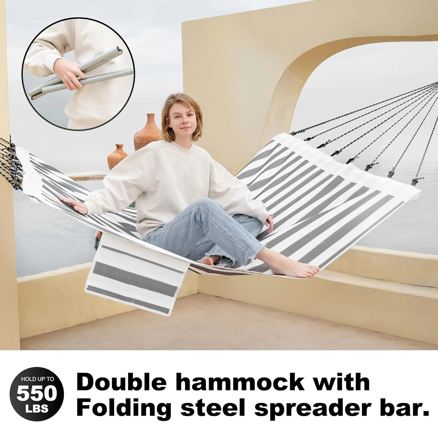 14ft Two Person Outdoor Hammock, Portable Camping with Folding Steel Spreader Bar, Carrying Bag, Carabiners, Tree Straps, Pillow & Sidebag, Quick Dry Textilene, 550 lbs Capacity (Piano)