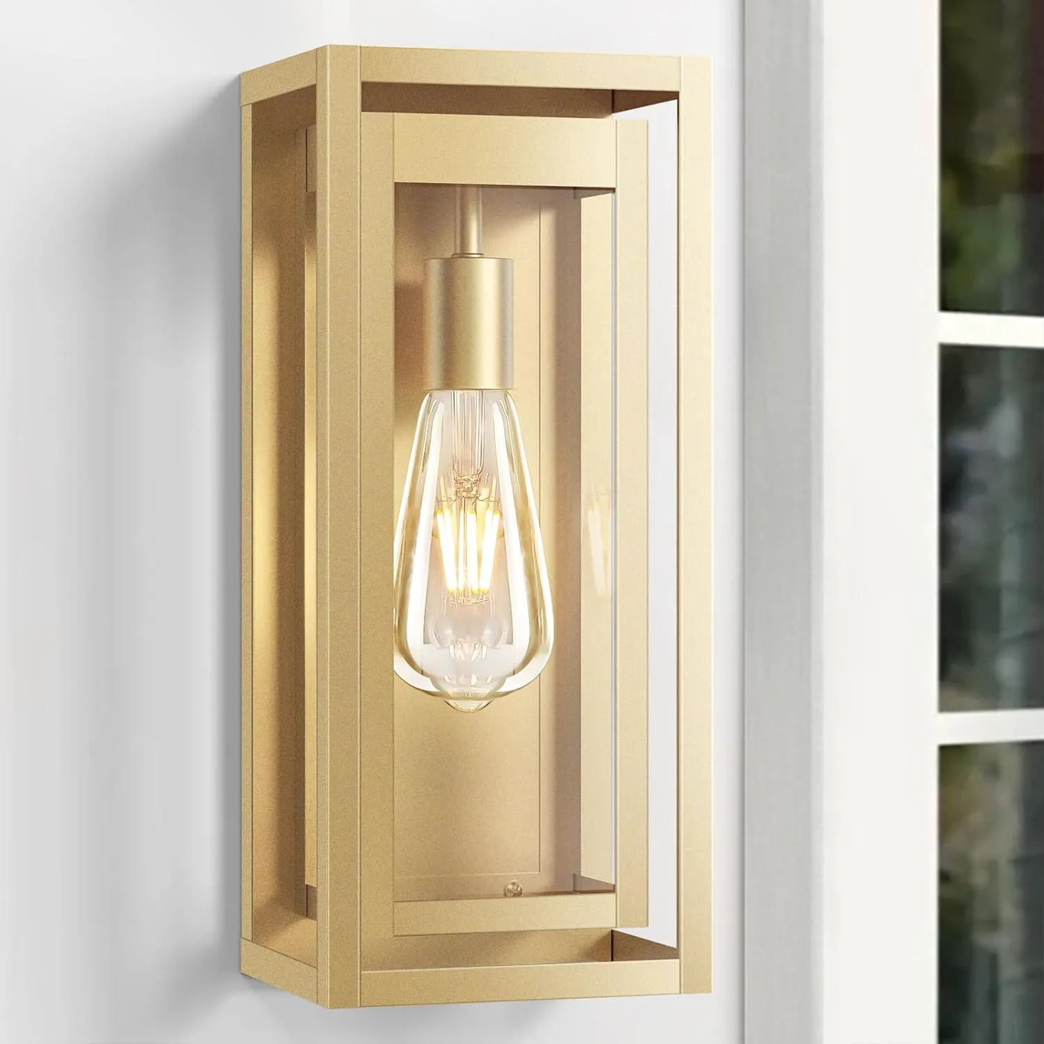 15" Large Gold Outdoor Light Fixture Wall Mount, 2 Pack Waterproof Outdoor Sconces, Modern Wall Lights with Clear Glass Shade for Front Door, Porch, Garage