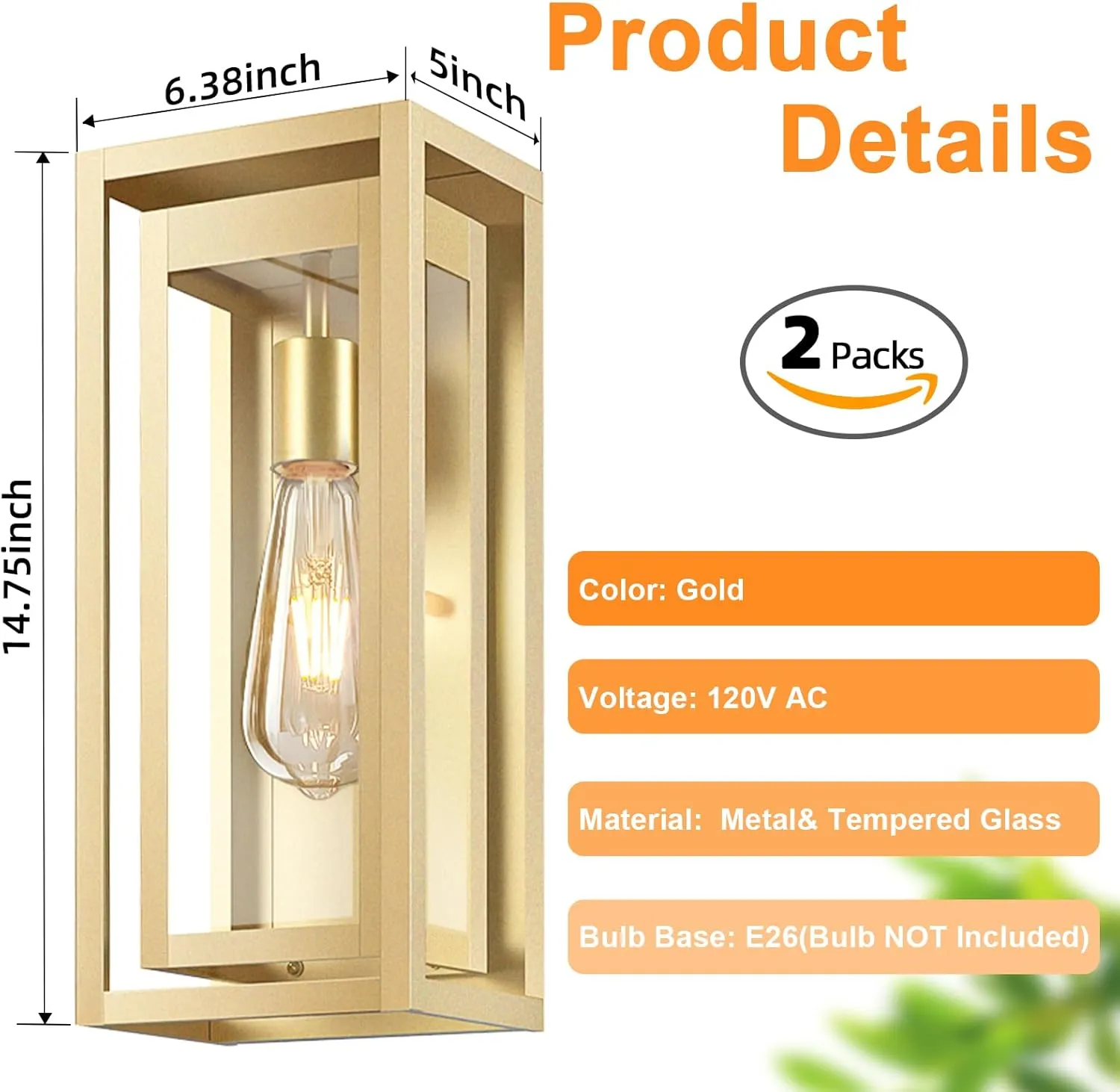 15" Large Gold Outdoor Light Fixture Wall Mount, 2 Pack Waterproof Outdoor Sconces, Modern Wall Lights with Clear Glass Shade for Front Door, Porch, Garage