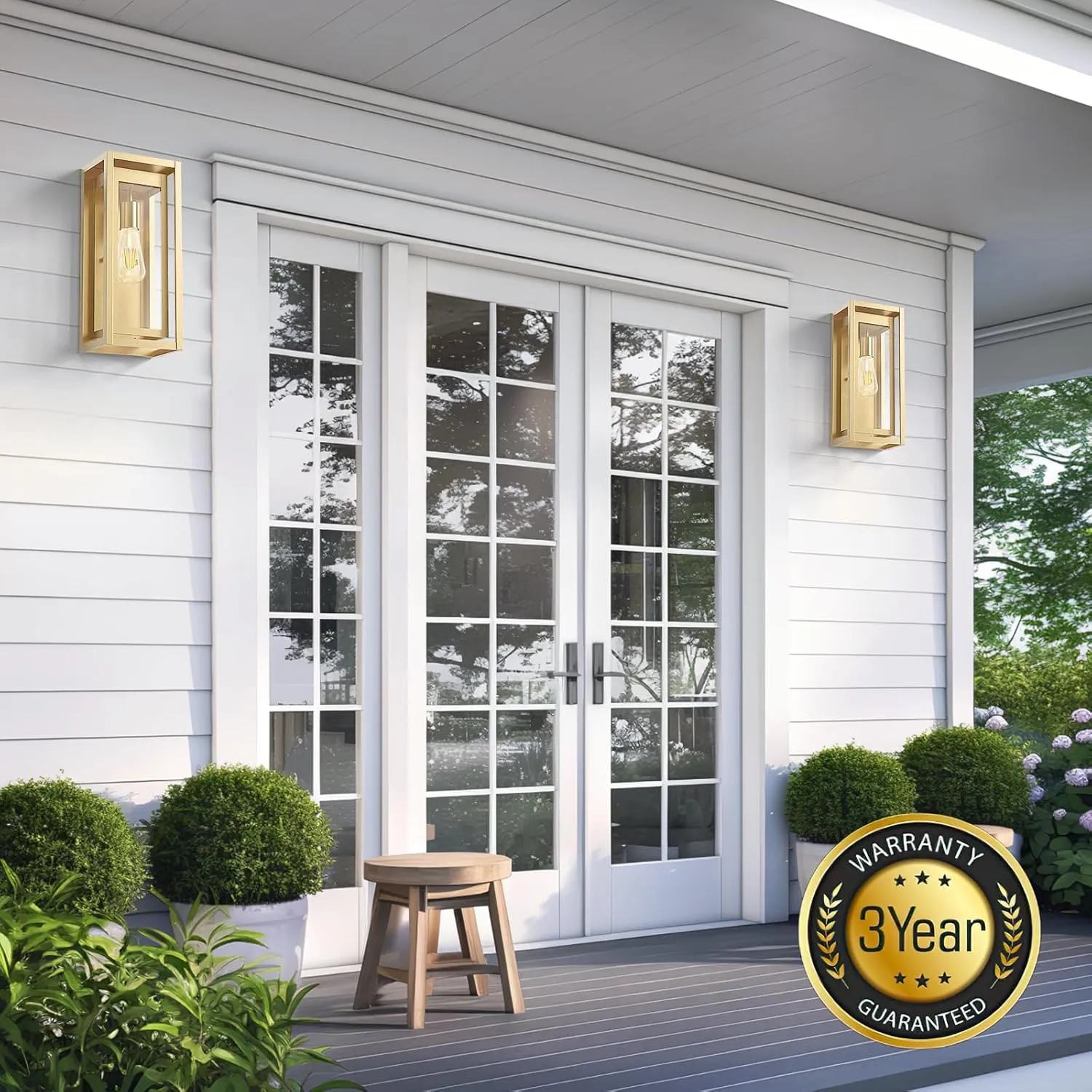 15" Large Gold Outdoor Light Fixture Wall Mount, 2 Pack Waterproof Outdoor Sconces, Modern Wall Lights with Clear Glass Shade for Front Door, Porch, Garage
