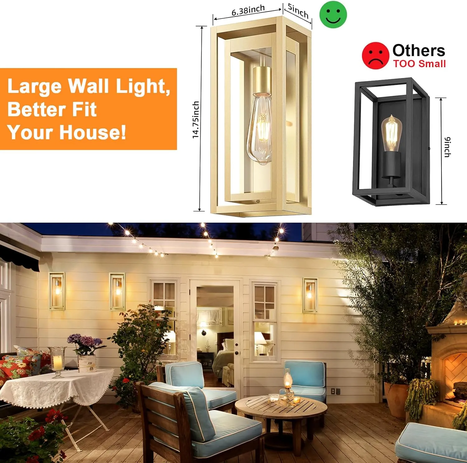15" Large Gold Outdoor Light Fixture Wall Mount, 2 Pack Waterproof Outdoor Sconces, Modern Wall Lights with Clear Glass Shade for Front Door, Porch, Garage