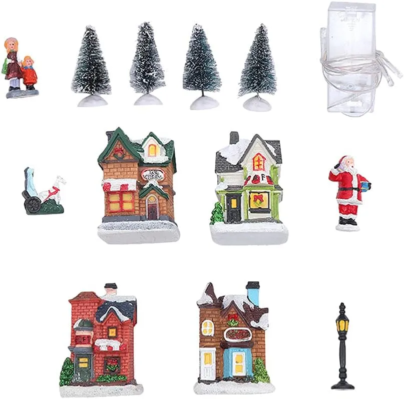 1set Luminous House Ornament Christmas Led Lantern Home Accessories Christmas Scene Village Houses Town Christmas Led House Story Village Xmas Party Decor Furniture Miniature Resin