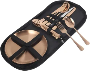 1set Portable Stainless Steel Camping Utensil with Storage Bag Silverware Kit for Outdoor Dining Ergonomic Design Easy to Carry for Hiking Picnics and Camping