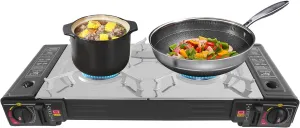 2-Burner Butane Camping Stove, Portable Camp Grill Versatile Gas Connections Tabletop Butane Stove with Baking Pan and Carrying Case, 2100-2500W Camping Essentials Gas Stove