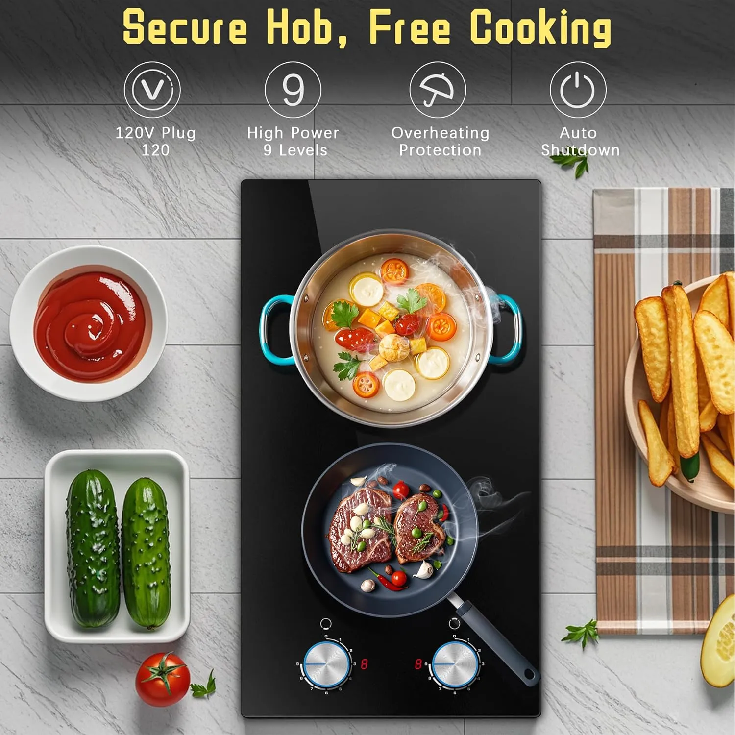 2 Burner Electric Cooktop, 12 Inch Electric Stove Top, 120V Stove Top Burner Knob Control, 2000W Countertop Stove with Timer, 9 Heating Levels, Overheat Protection, High-Temp Alarm Pladeca