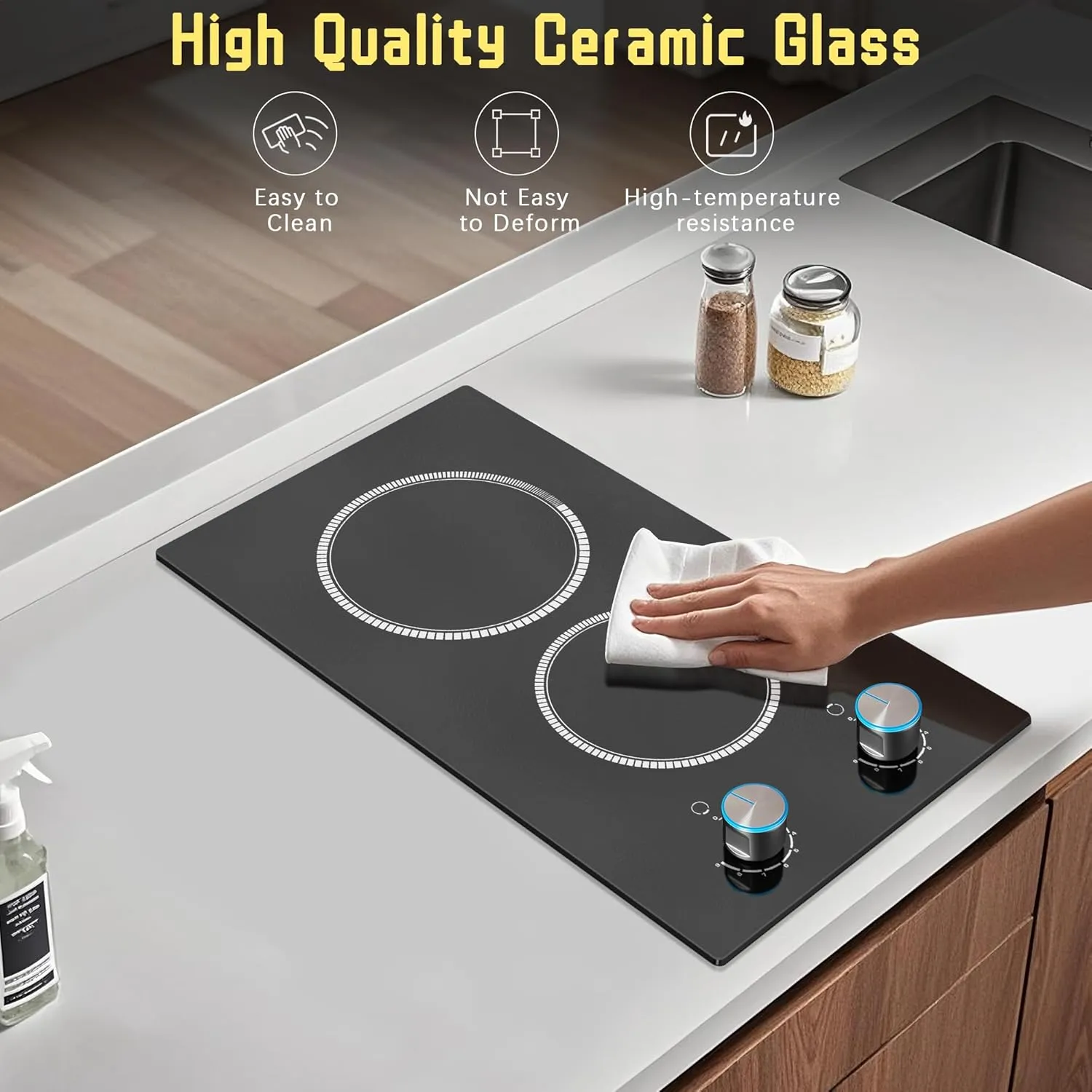 2 Burner Electric Cooktop, 12 Inch Electric Stove Top, 120V Stove Top Burner Knob Control, 2000W Countertop Stove with Timer, 9 Heating Levels, Overheat Protection, High-Temp Alarm Pladeca