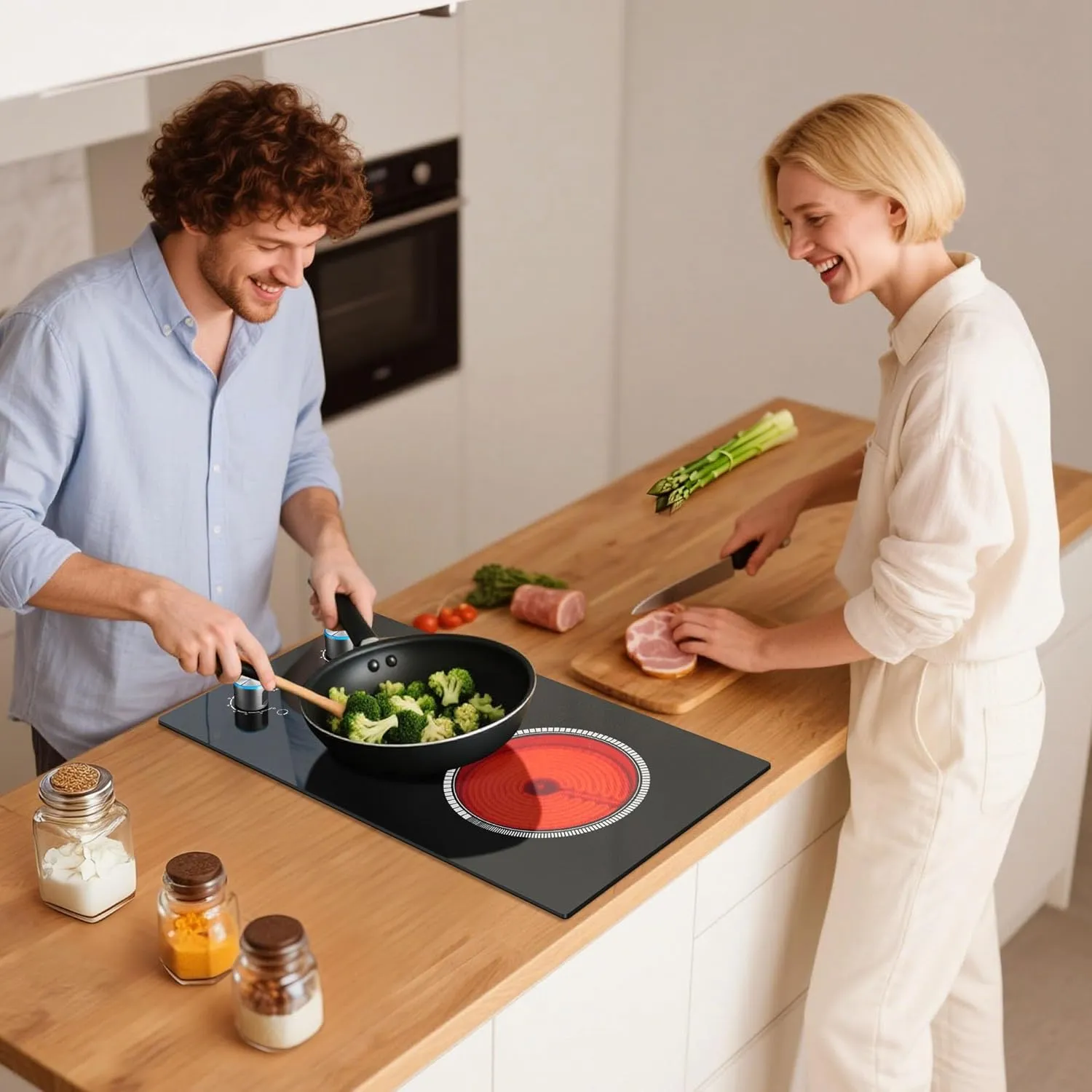 2 Burner Electric Cooktop, 12 Inch Electric Stove Top, 120V Stove Top Burner Knob Control, 2000W Countertop Stove with Timer, 9 Heating Levels, Overheat Protection, High-Temp Alarm Pladeca