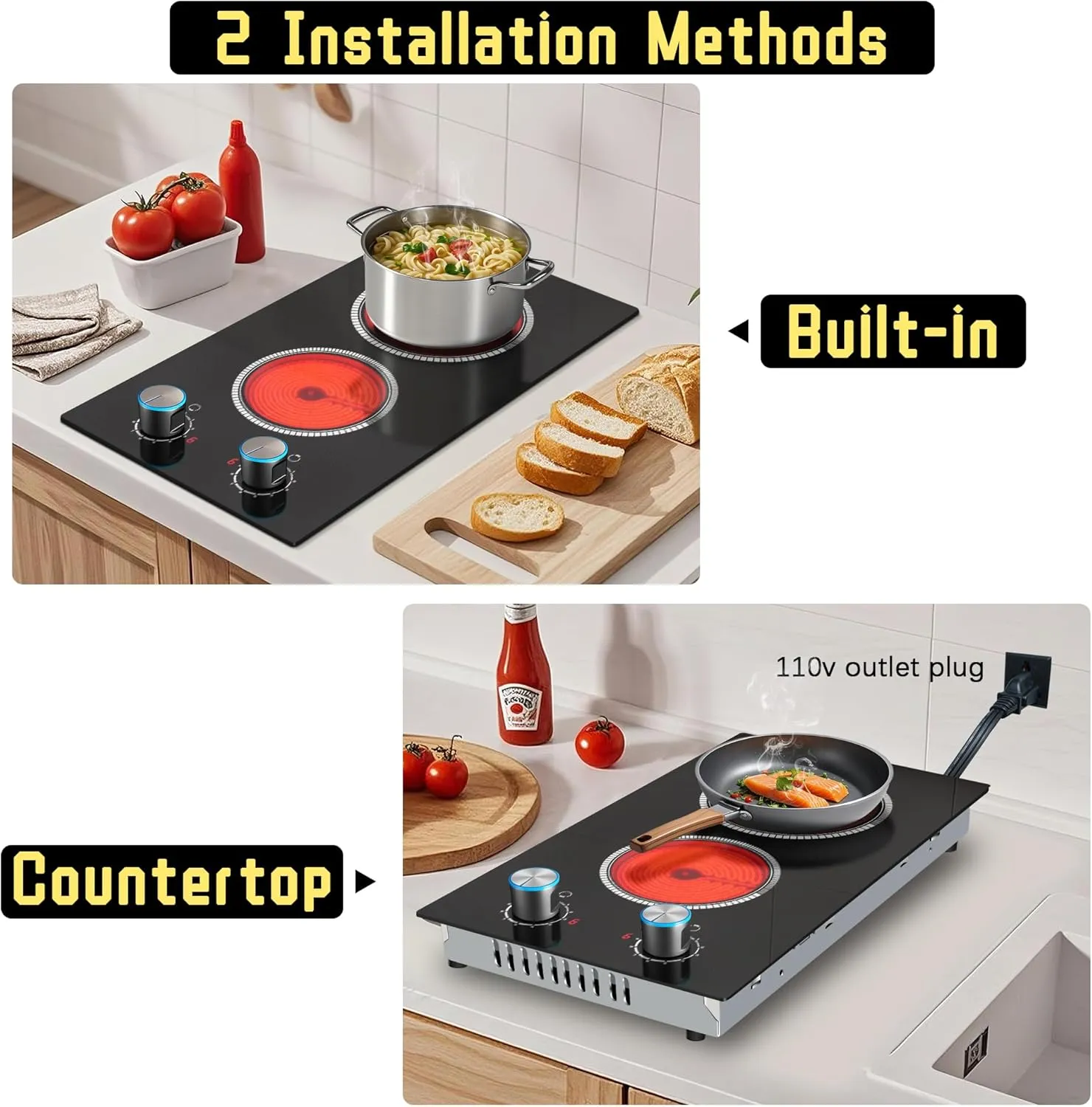2 Burner Electric Cooktop, 12 Inch Electric Stove Top, 120V Stove Top Burner Knob Control, 2000W Countertop Stove with Timer, 9 Heating Levels, Overheat Protection, High-Temp Alarm Pladeca