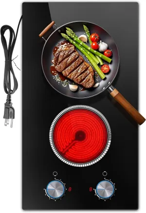 2 Burner Electric Cooktop, 12 Inch Electric Stove Top, 120V Stove Top Burner Knob Control, 2000W Countertop Stove with Timer, 9 Heating Levels, Overheat Protection, High-Temp Alarm Pladeca