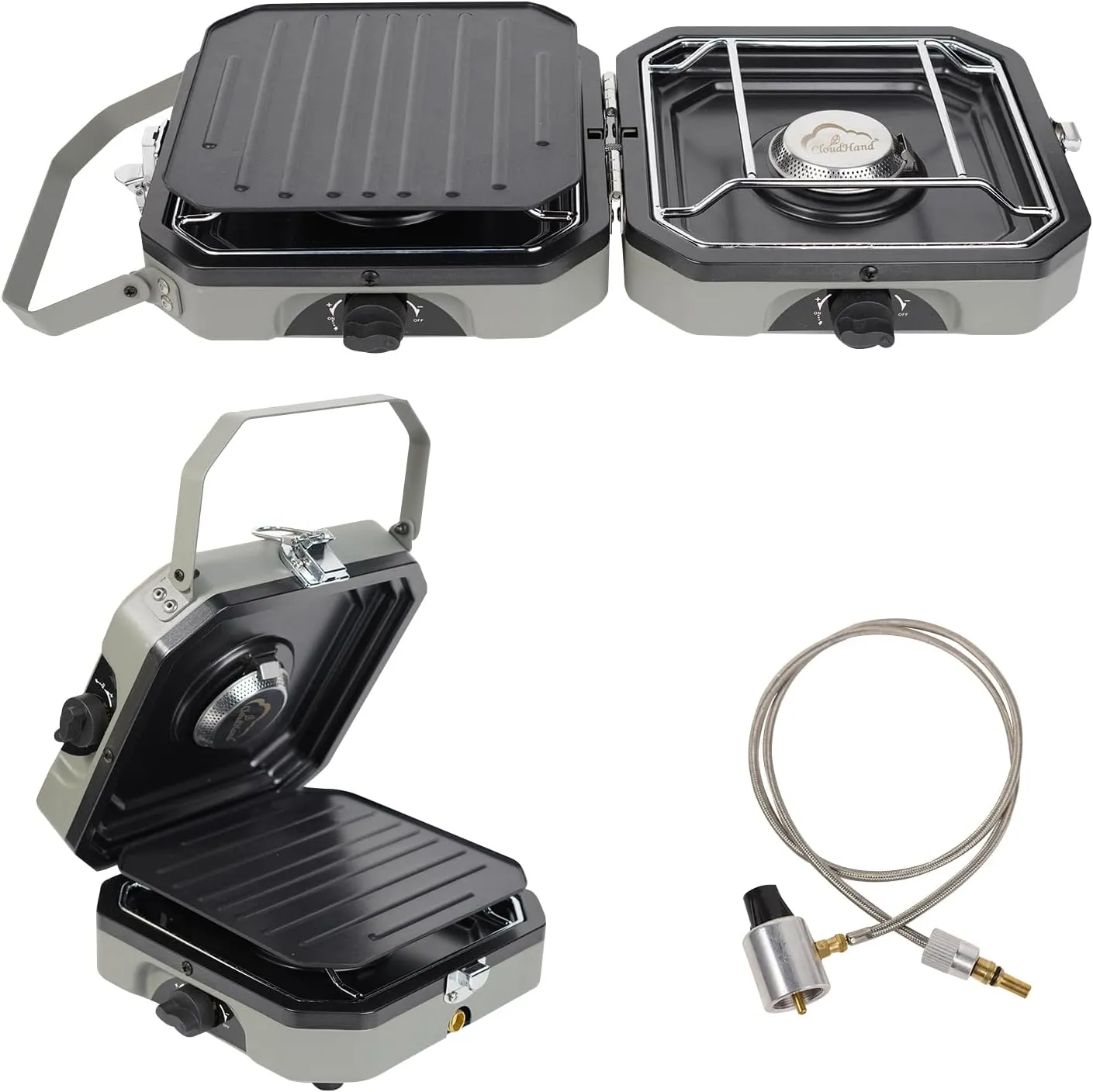 2 Burner Propane Camping Stove with Grill - CloudHand Foldable Camp Stove with 16,000 BTU, Two Adjustable Burners with Piezo Ignition & Easy Carrying Handle Grey