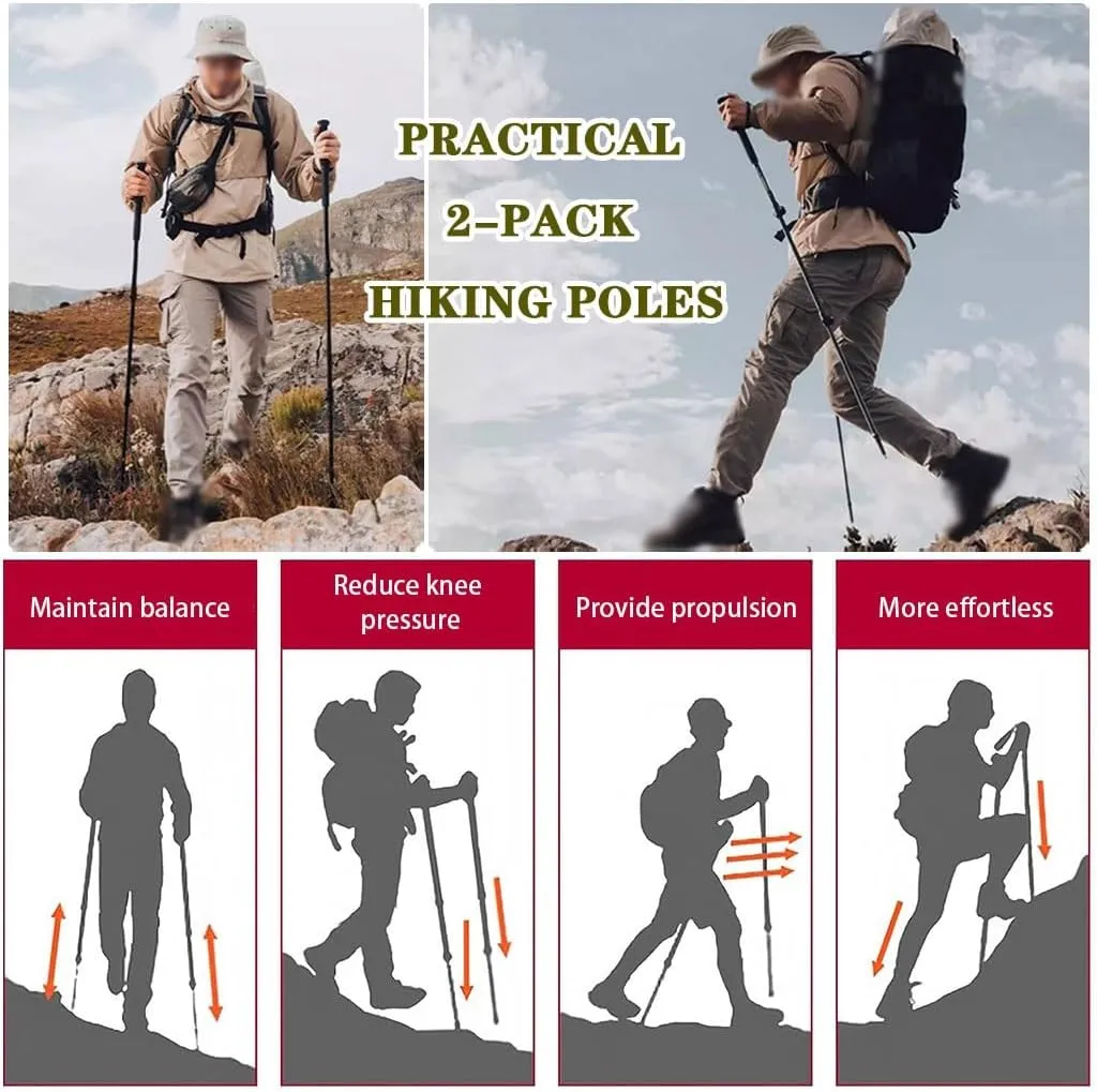 2 Pack Adjustable Trekking Poles, Lightweight Walking Sticks for Backpacking, Hiking Gear with EVA Grip, Aluminum Alloy   Carbon Fiber