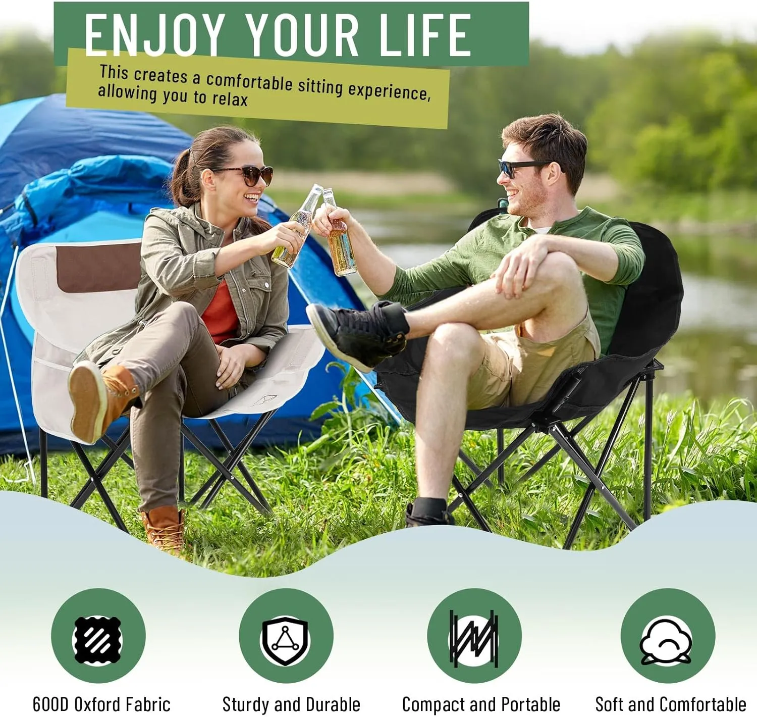 2 Pack Compact Camping Chairs Portable Folding for Outside with Carry Bag Lightweight Moon Chairs for Travel Picnic Hiking Beach Fishing, 600D Oxford, Supports 330lbs(White, Black)