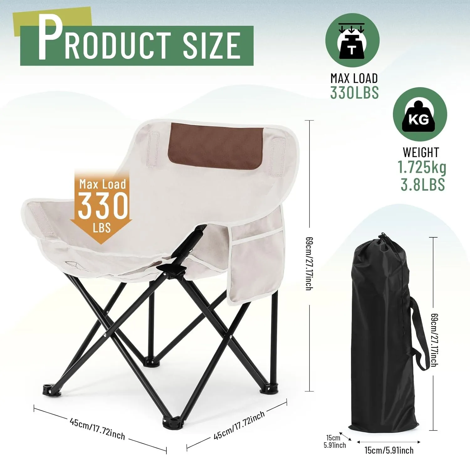 2 Pack Compact Camping Chairs Portable Folding for Outside with Carry Bag Lightweight Moon Chairs for Travel Picnic Hiking Beach Fishing, 600D Oxford, Supports 330lbs(White, Black)