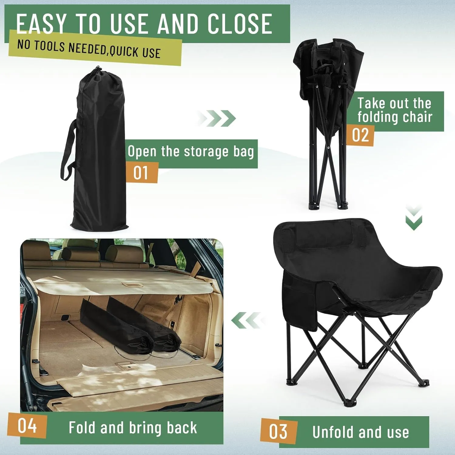 2 Pack Compact Camping Chairs Portable Folding for Outside with Carry Bag Lightweight Moon Chairs for Travel Picnic Hiking Beach Fishing, 600D Oxford, Supports 330lbs(White, Black)