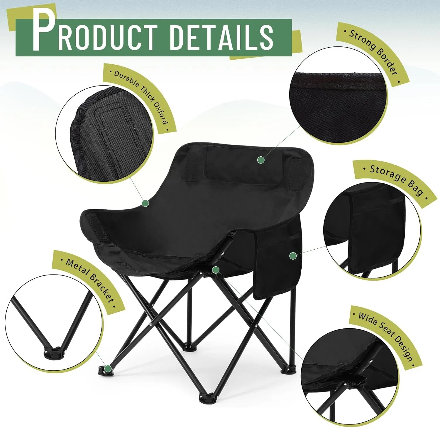 2 Pack Compact Camping Chairs Portable Folding for Outside with Carry Bag Lightweight Moon Chairs for Travel Picnic Hiking Beach Fishing, 600D Oxford, Supports 330lbs(White, Black)