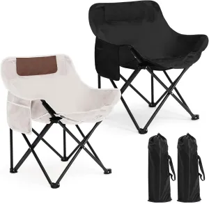2 Pack Compact Camping Chairs Portable Folding for Outside with Carry Bag Lightweight Moon Chairs for Travel Picnic Hiking Beach Fishing, 600D Oxford, Supports 330lbs(White, Black)