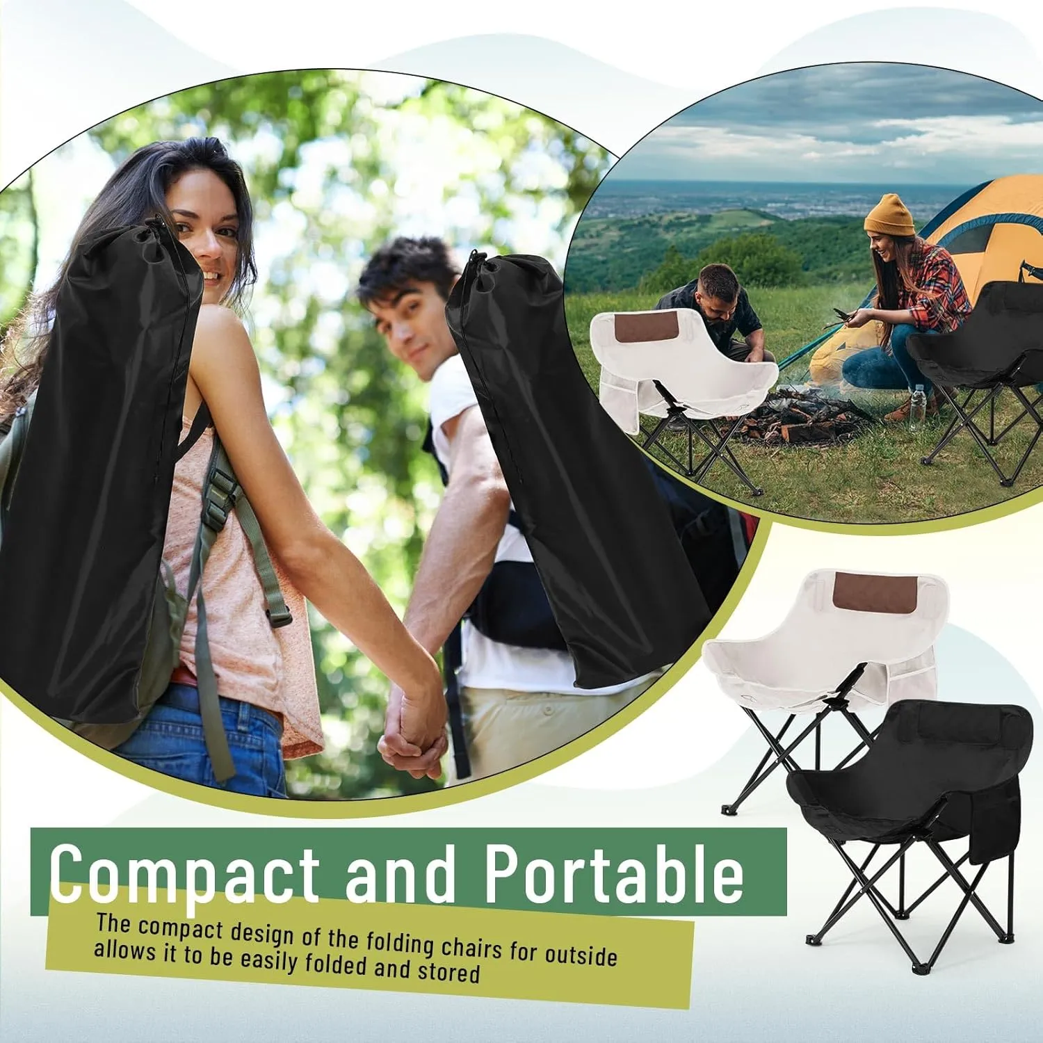 2 Pack Compact Camping Chairs Portable Folding for Outside with Carry Bag Lightweight Moon Chairs for Travel Picnic Hiking Beach Fishing, 600D Oxford, Supports 330lbs(White, Black)