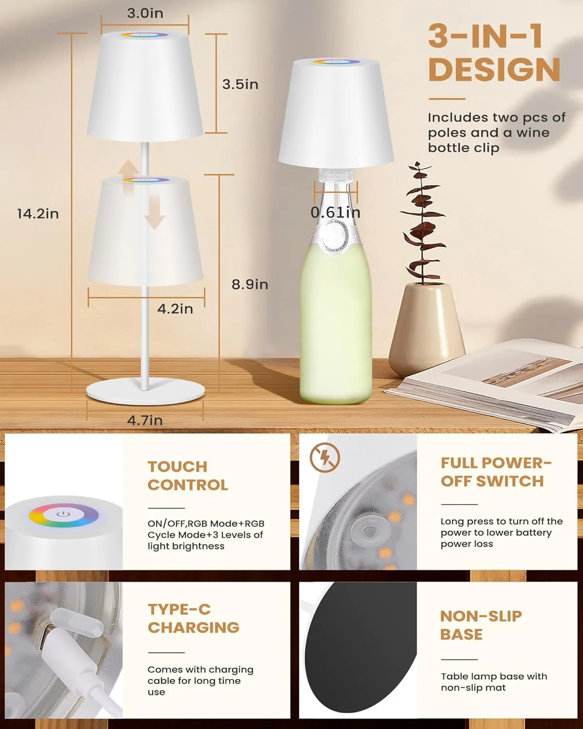 2 Pack Cordless RGB Table Lamp,Wireless Bottle Lamp,3 Level Dimming & RGB Cycle LED Portable Desk lamp,5000mAh Rechargeable Battery,Waterproof Outdoor,for Bedroom/Bars/Camping(White)