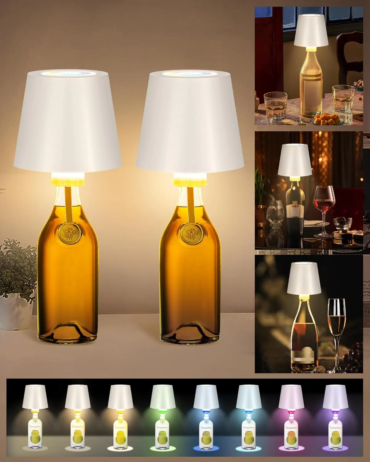 2 Pack Cordless RGB Table Lamp,Wireless Bottle Lamp,3 Level Dimming & RGB Cycle LED Portable Desk lamp,5000mAh Rechargeable Battery,Waterproof Outdoor,for Bedroom/Bars/Camping(White)