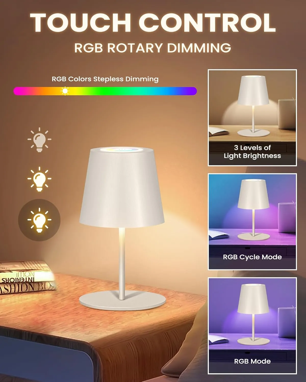 2 Pack Cordless RGB Table Lamp,Wireless Bottle Lamp,3 Level Dimming & RGB Cycle LED Portable Desk lamp,5000mAh Rechargeable Battery,Waterproof Outdoor,for Bedroom/Bars/Camping(White)