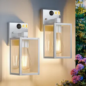 2 Pack Silver Motion Sensor Outdoor Light Fixtures Wall Mount, Dusk to Dawn Front Porch Lights for House, Exterior Wall Sconce, Waterproof Lantern Lamp,Outside Coach Light for Garage Entryway Yard