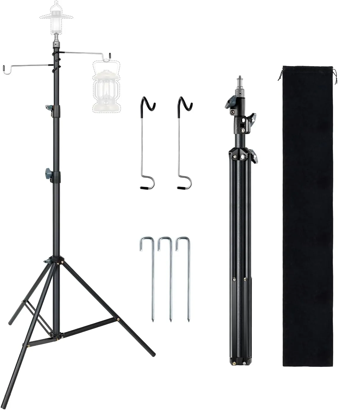 2 Pack Titanium Lantern Hooks, Stainless Steel Non-Slip Tent Light Pole Hook with Carbon Steels Tent Lantern Tripod Stand, Ground Stakes and Carrying Bag for Camping, Fishing and Hiking