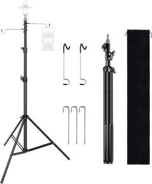 2 Pack Titanium Lantern Hooks, Stainless Steel Non-Slip Tent Light Pole Hook with Carbon Steels Tent Lantern Tripod Stand, Ground Stakes and Carrying Bag for Camping, Fishing and Hiking