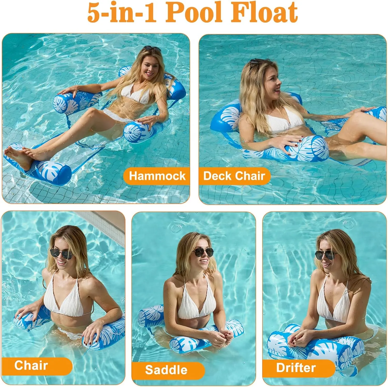 2 Packs Inflatable Pool Floats Adult, 5-in-1 Floating Lounge Chairs with Detachable Design, Blow up Pool Floats for Adult(Blue Green)
