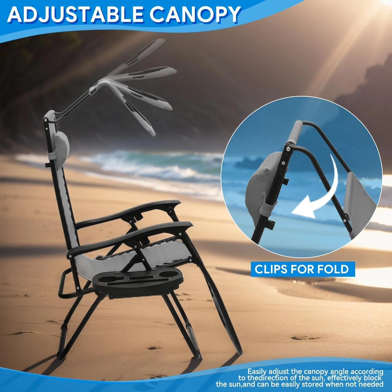 2 pcs Zero Gravity Chairs Reclining Chairs with Sunshade Canopy, Headrest, and Cup Holder for Outdoor Comfort, CAAP-BCC-B2P-GY