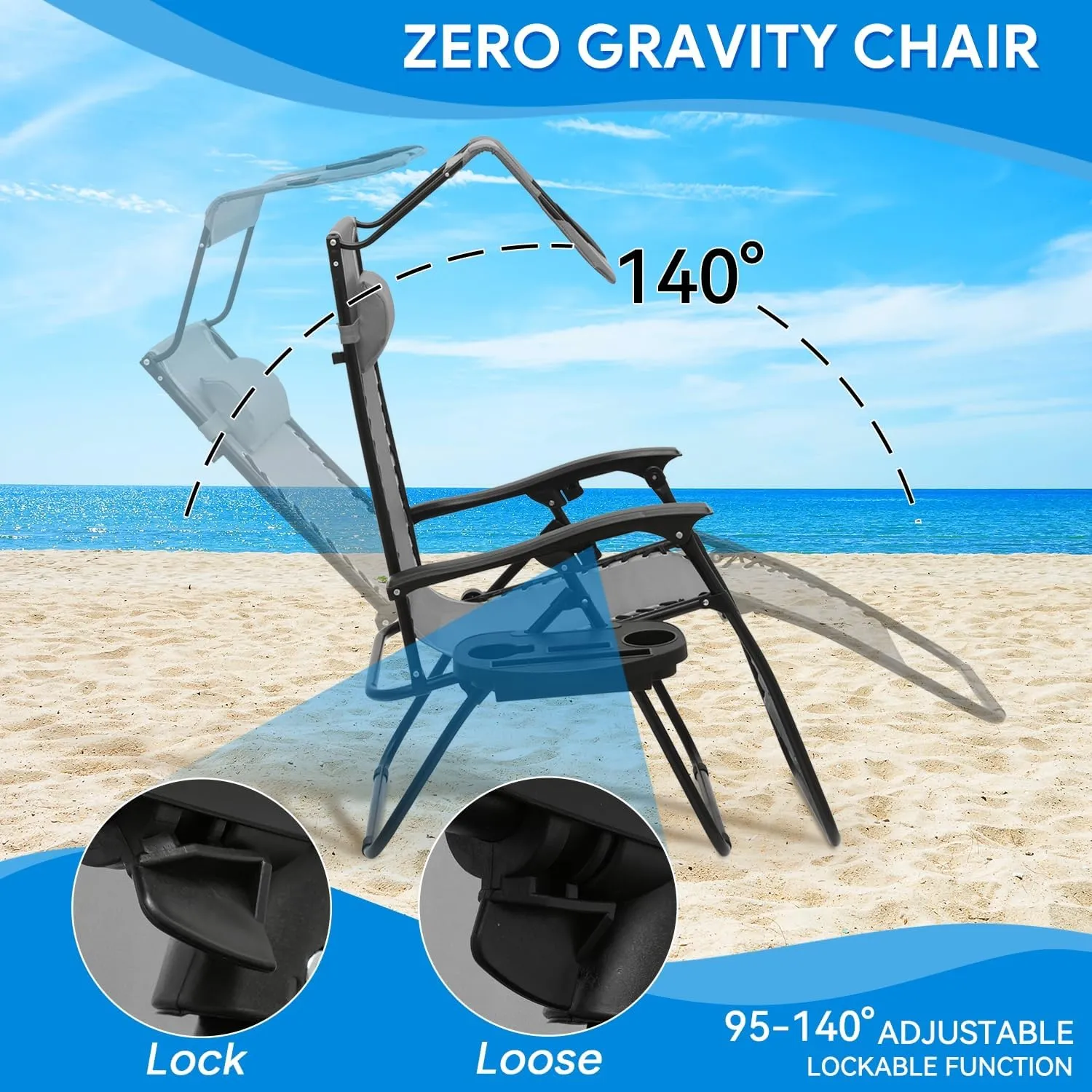 2 pcs Zero Gravity Chairs Reclining Chairs with Sunshade Canopy, Headrest, and Cup Holder for Outdoor Comfort, CAAP-BCC-B2P-GY