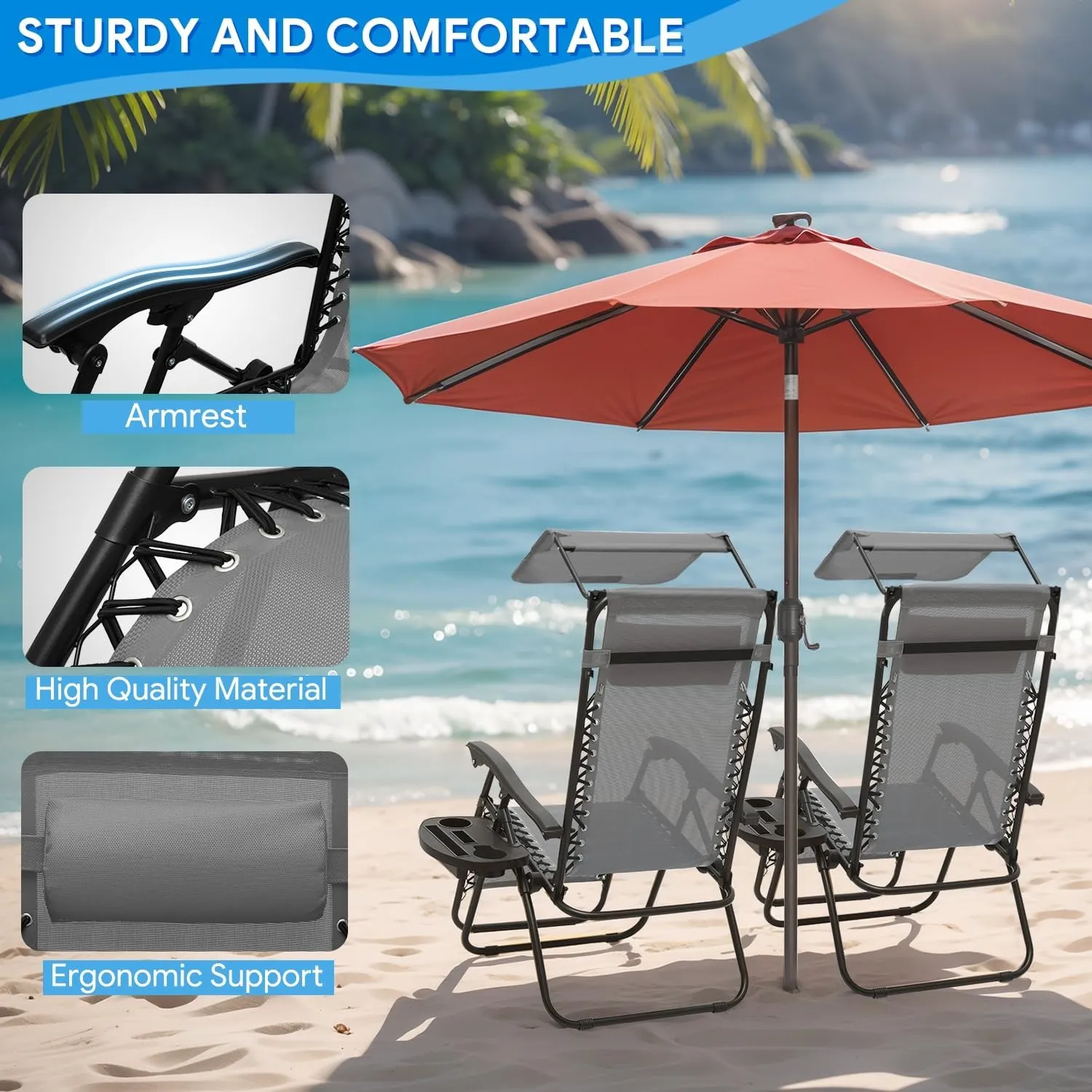 2 pcs Zero Gravity Chairs Reclining Chairs with Sunshade Canopy, Headrest, and Cup Holder for Outdoor Comfort, CAAP-BCC-B2P-GY