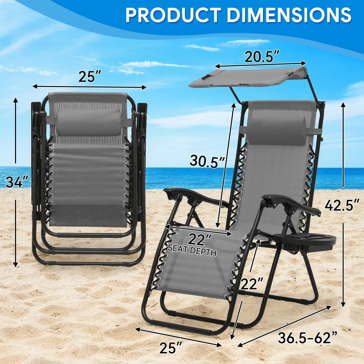 2 pcs Zero Gravity Chairs Reclining Chairs with Sunshade Canopy, Headrest, and Cup Holder for Outdoor Comfort, CAAP-BCC-B2P-GY