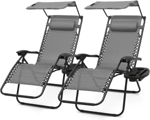 2 pcs Zero Gravity Chairs Reclining Chairs with Sunshade Canopy, Headrest, and Cup Holder for Outdoor Comfort, CAAP-BCC-B2P-GY