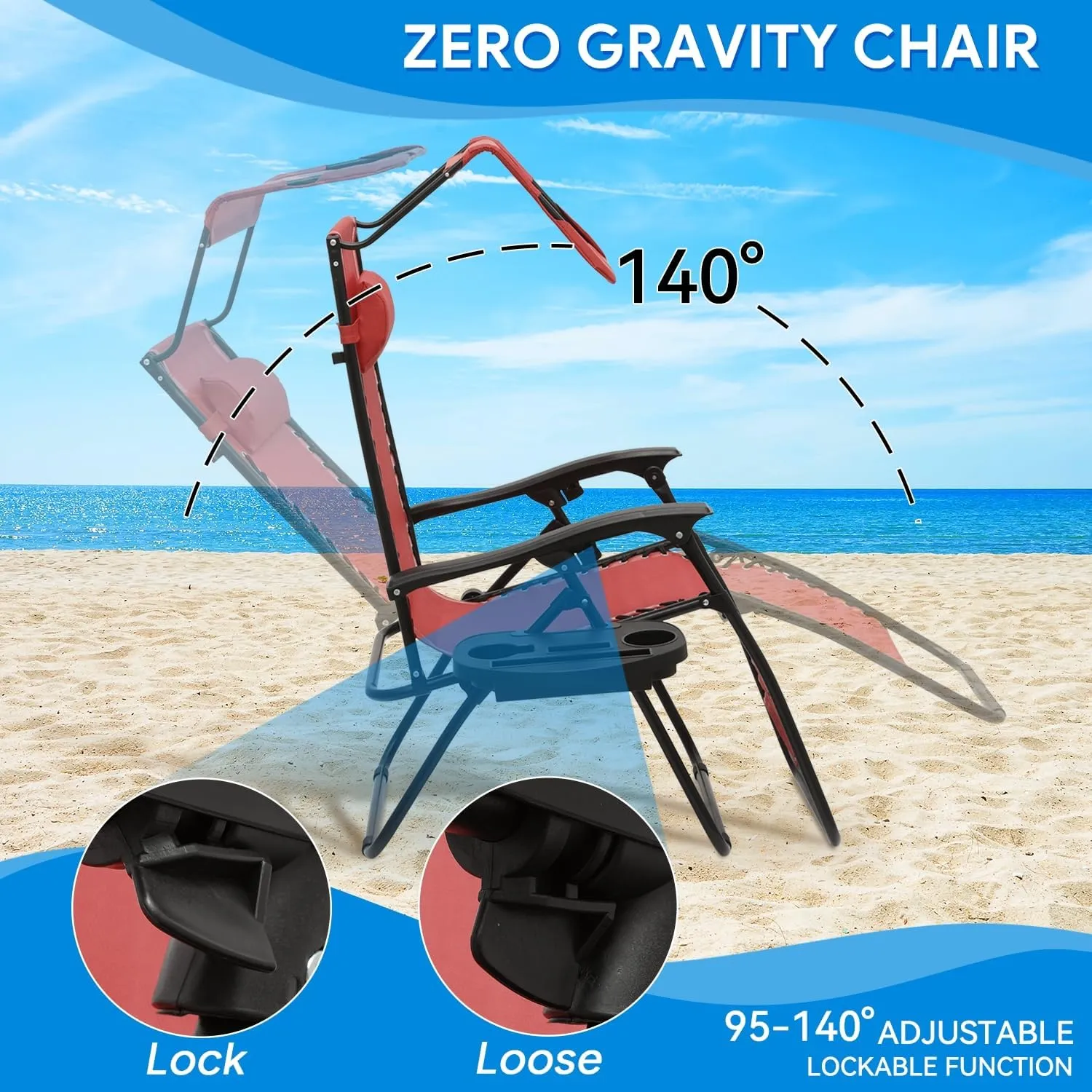 2 pcs Zero Gravity Lounge Chair with Sunshade Canopy and Pillow for Beach, Pool, and Patio, CAAP-BCC-B2P-MR