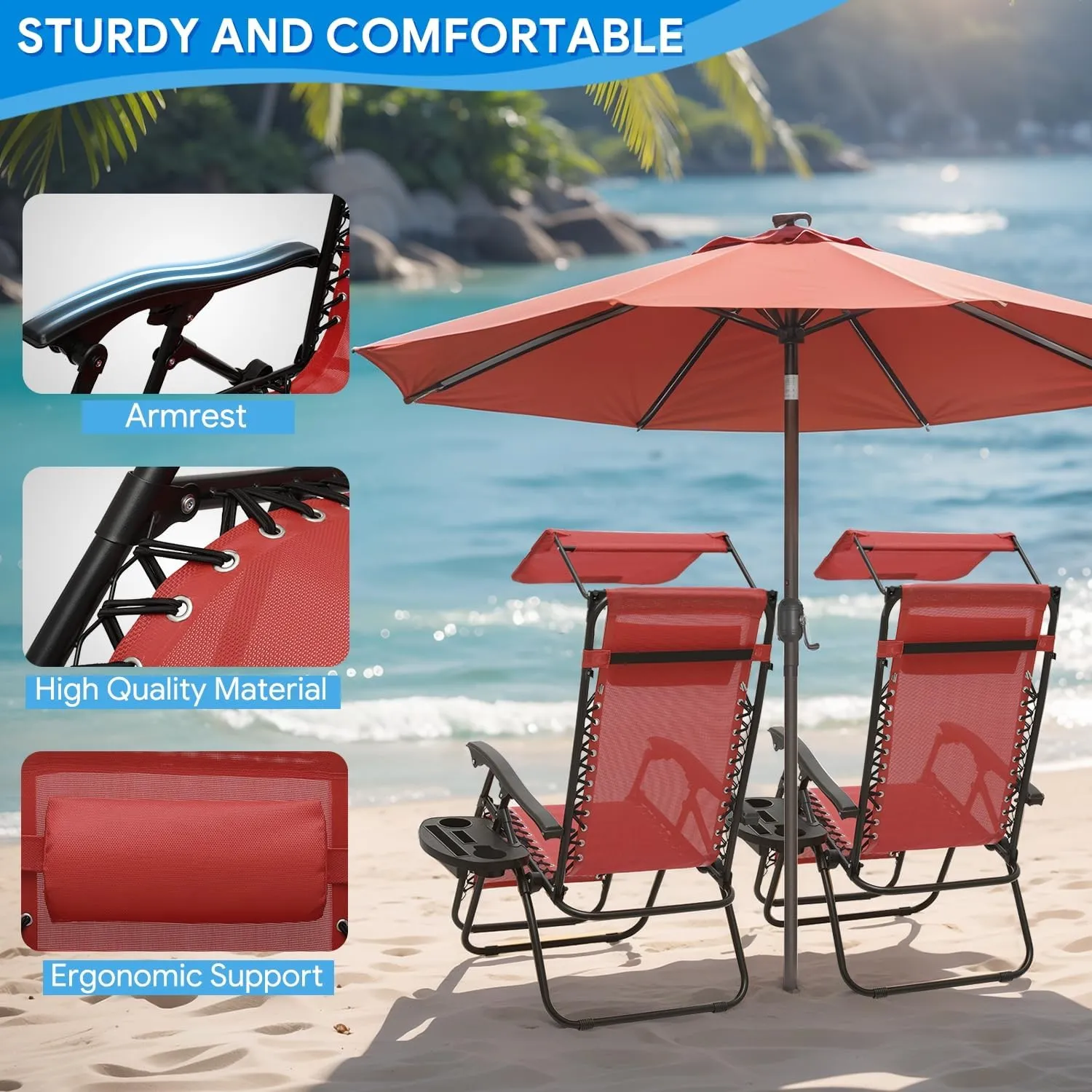 2 pcs Zero Gravity Lounge Chair with Sunshade Canopy and Pillow for Beach, Pool, and Patio, CAAP-BCC-B2P-MR
