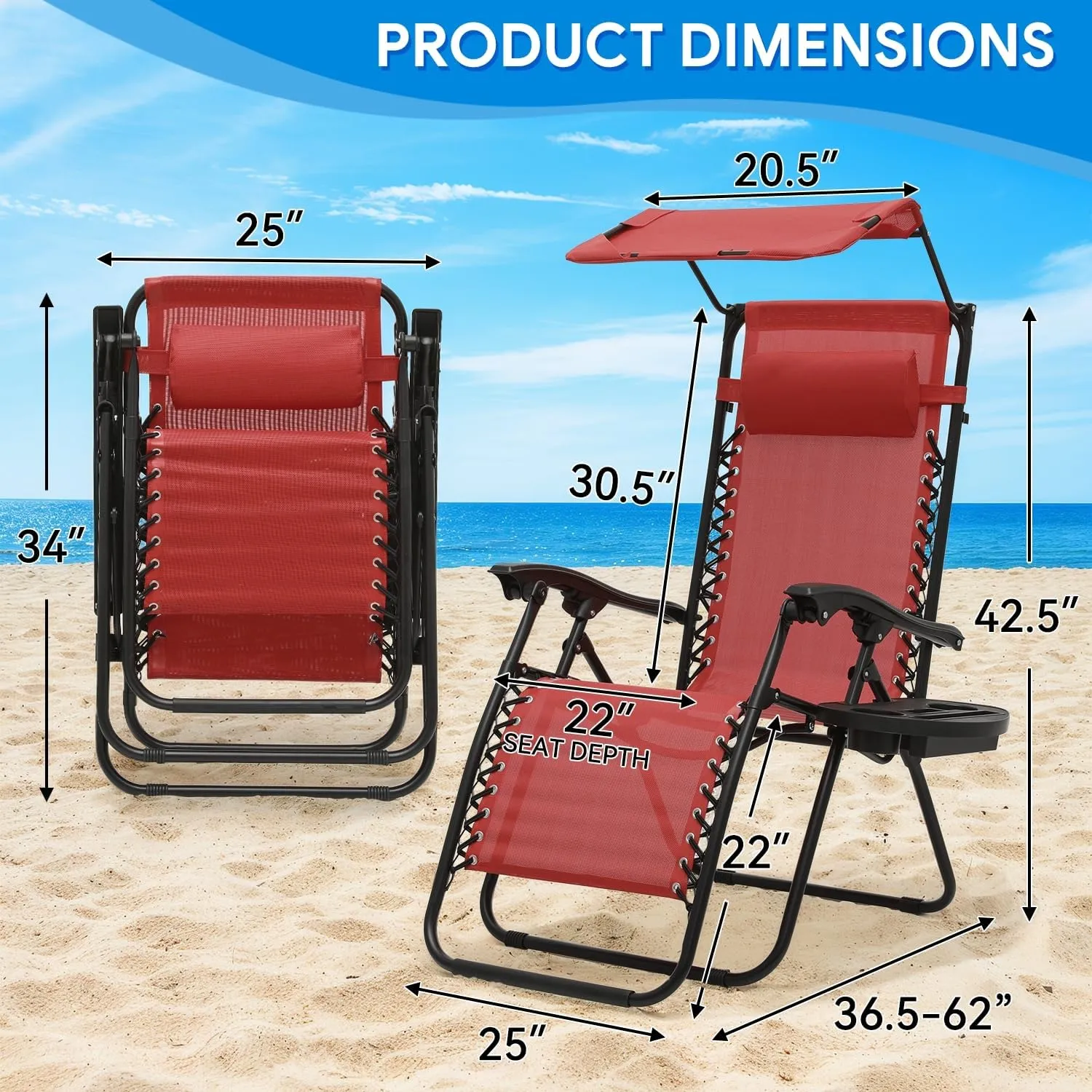2 pcs Zero Gravity Lounge Chair with Sunshade Canopy and Pillow for Beach, Pool, and Patio, CAAP-BCC-B2P-MR