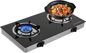 28 Inches LPG Gas Cooktop 2 Burners Cooktops w/Strong Flame, Portable Gas Stove Countertop Gas Hob Black Tempered Glass Dual Fuel Gas Cooker for RV, Apartments, Camper, Outdoor