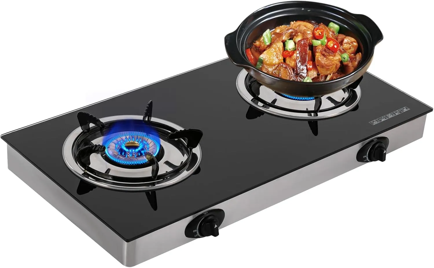 28 Inches LPG Gas Cooktop 2 Burners Cooktops w/Strong Flame, Portable Gas Stove Countertop Gas Hob Black Tempered Glass Dual Fuel Gas Cooker for RV, Apartments, Camper, Outdoor