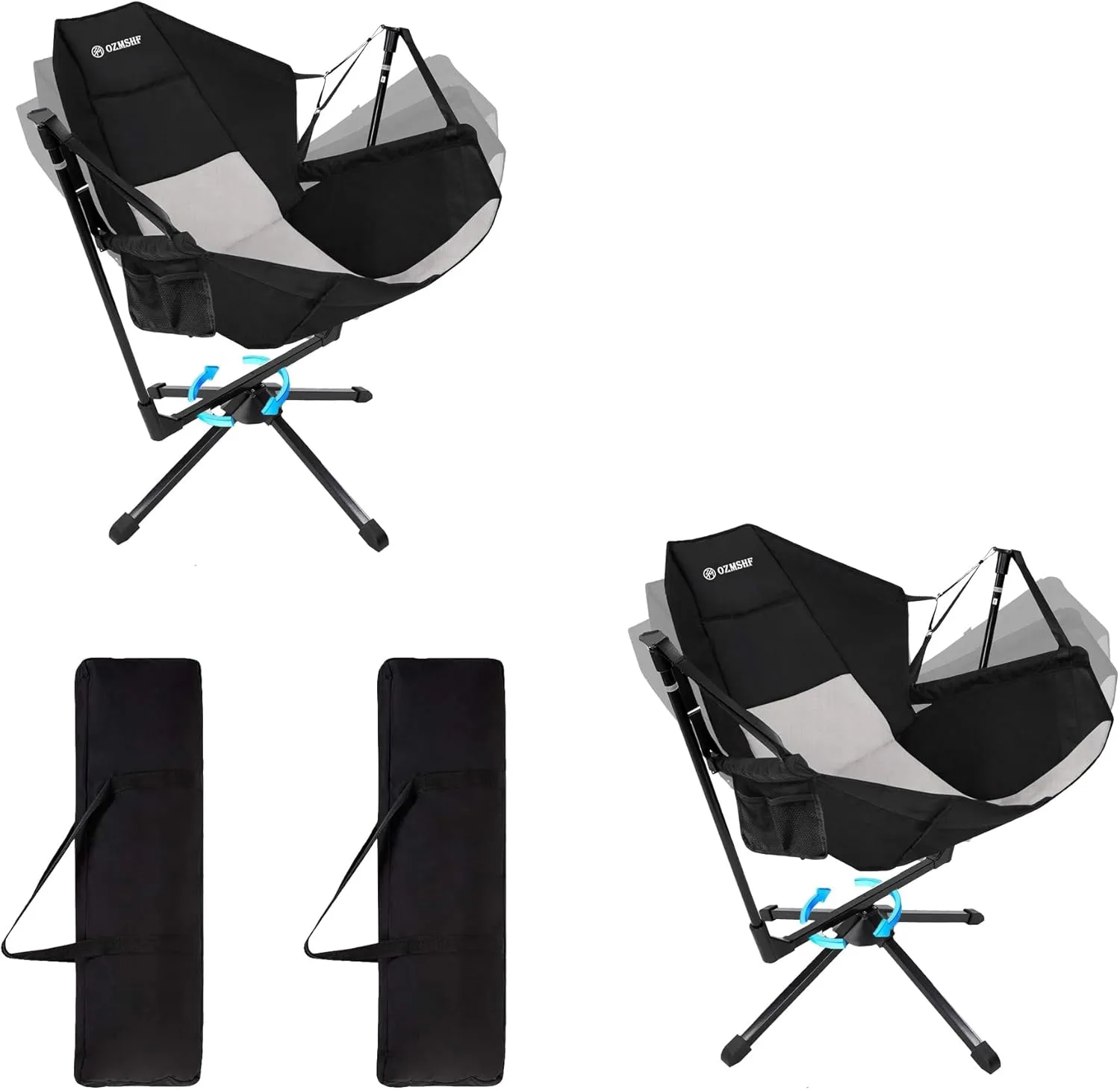 2PCS 360 Degrees Swing Camping Chair, Portable Rocking Camping Chair with Swivel and Reclining Design, Supports 300lbs, Ideal for Camp, Travel and Beach (Black Gray)