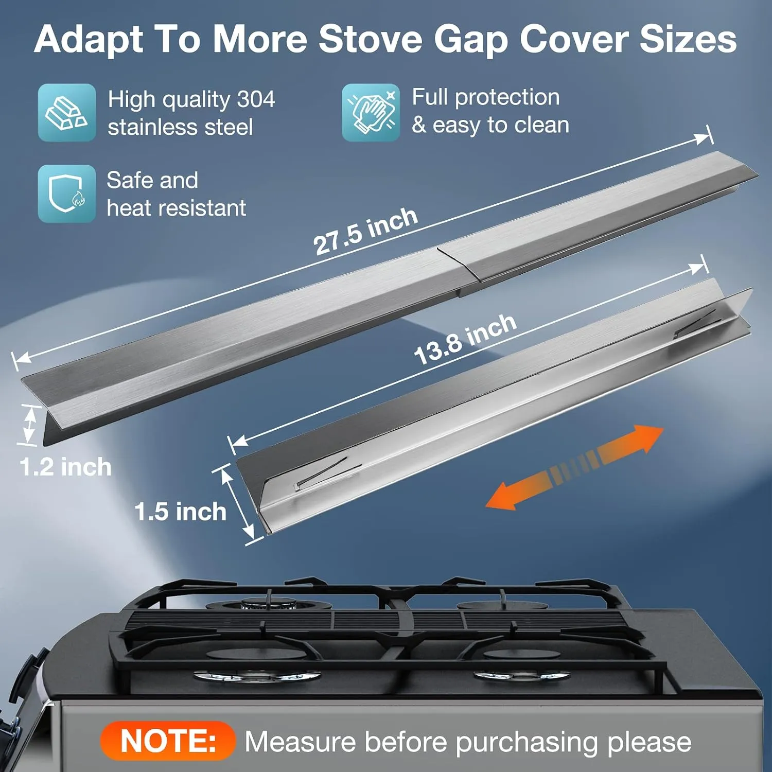 2PCS Kitchen Stove Counter Gap Covers, Stainless Steel Gap Cover, Cooktop Trim Kit, Stove Gap Guards, Oven Gap Filler, Heat Resistant & Effectively Protect Stove Gap Filler(13.8"-27.5" Silver)