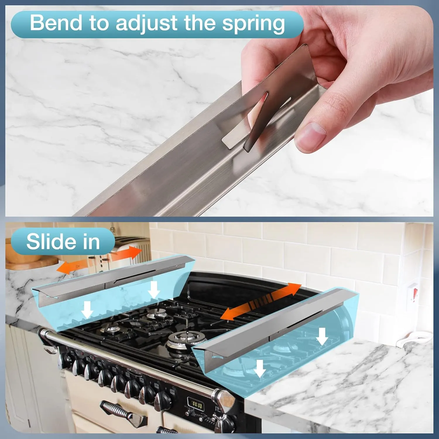2PCS Kitchen Stove Counter Gap Covers, Stainless Steel Gap Cover, Cooktop Trim Kit, Stove Gap Guards, Oven Gap Filler, Heat Resistant & Effectively Protect Stove Gap Filler(13.8"-27.5" Silver)
