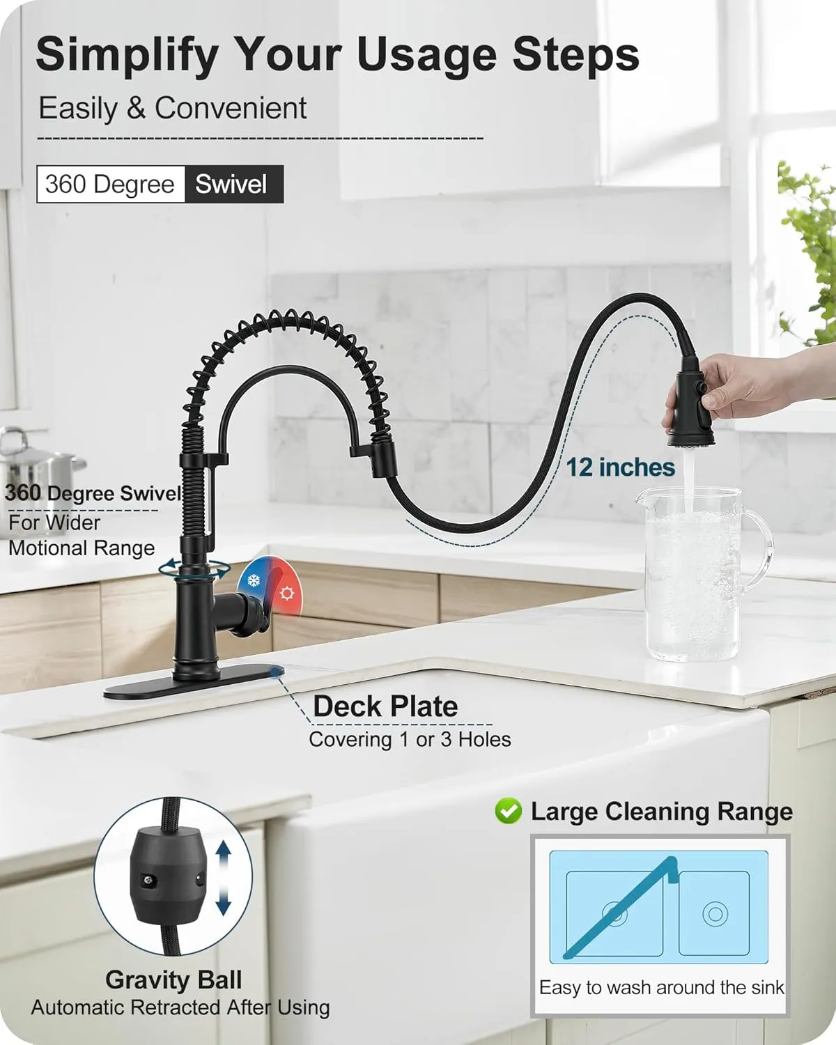 3-Function Kitchen Faucets with Pull Down Sprayer, 1 Hole or 3 Hole Kitchen Faucet Black, 1 Handle Kitchen Sink Faucets, 360 Degree Swivel Stainless Steel Faucet for Kitchen Sink with Deck Plate